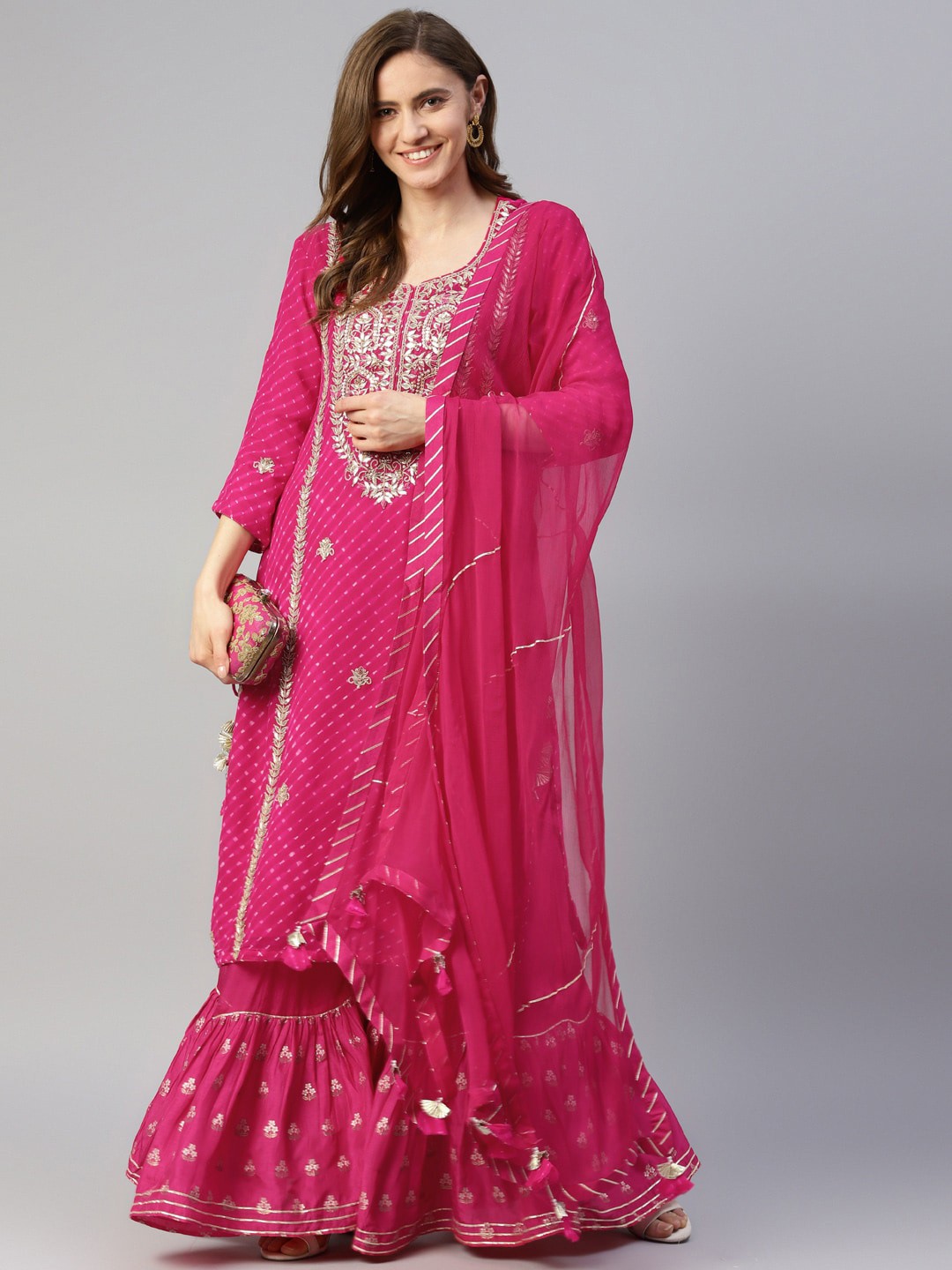 

Divena Leheriya Embroidered Zardozi Gotta Patti Kurta with Sharara & Dupatta, Pink