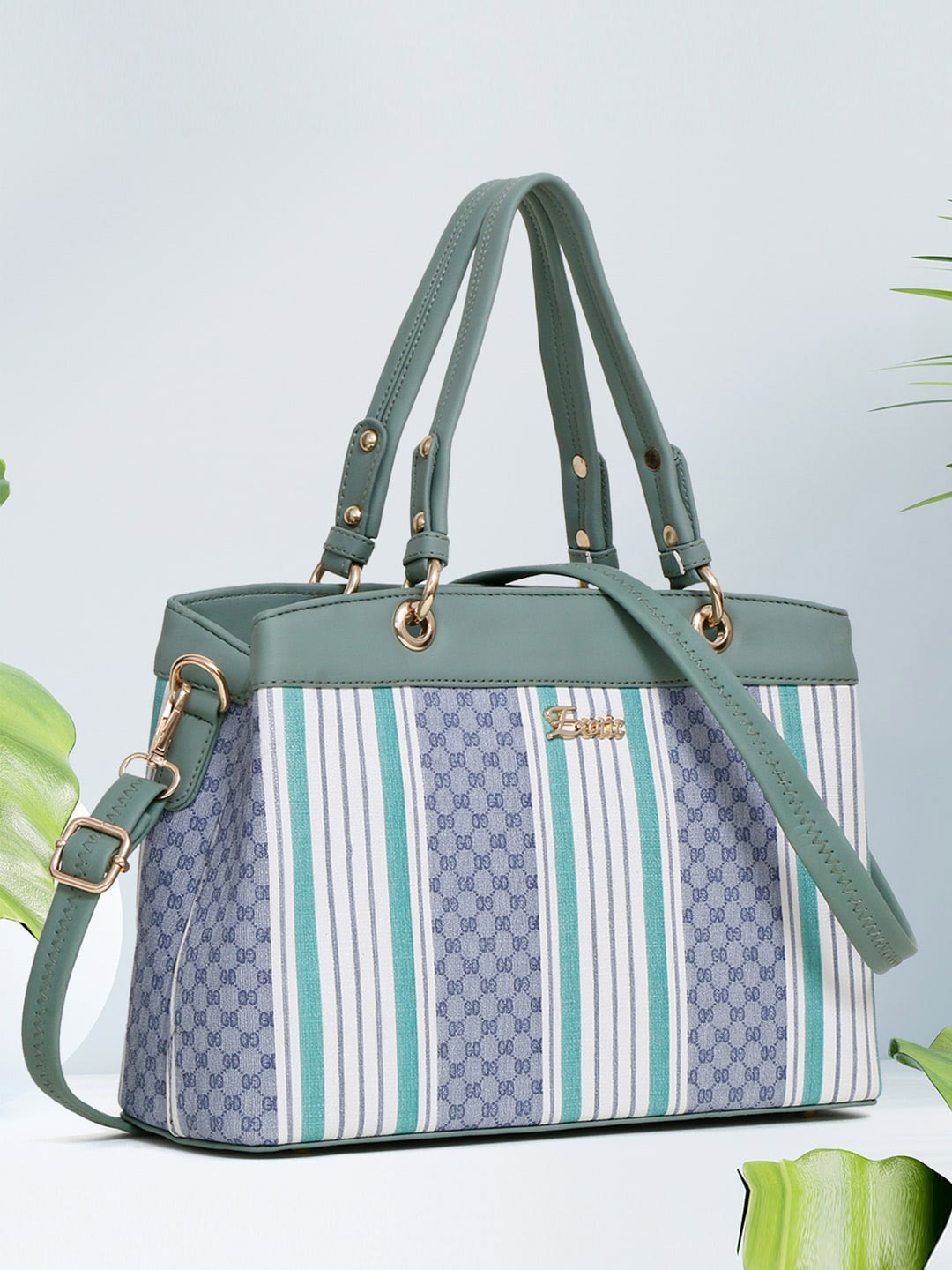 

Exotic Striped PU Shopper Shoulder Bag, Green