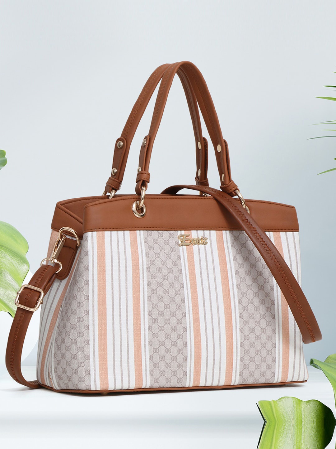 

Exotic Striped Structured Handheld Bag, Tan
