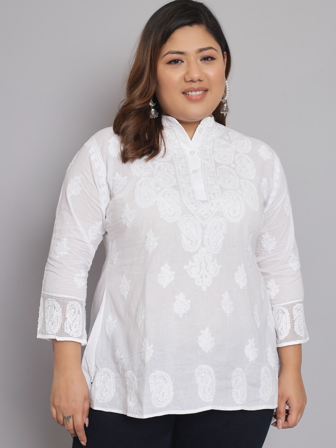 

Indiankala4u Plus Size Ethnic Motifs Embroidered Shirt Style Cotton Top, White