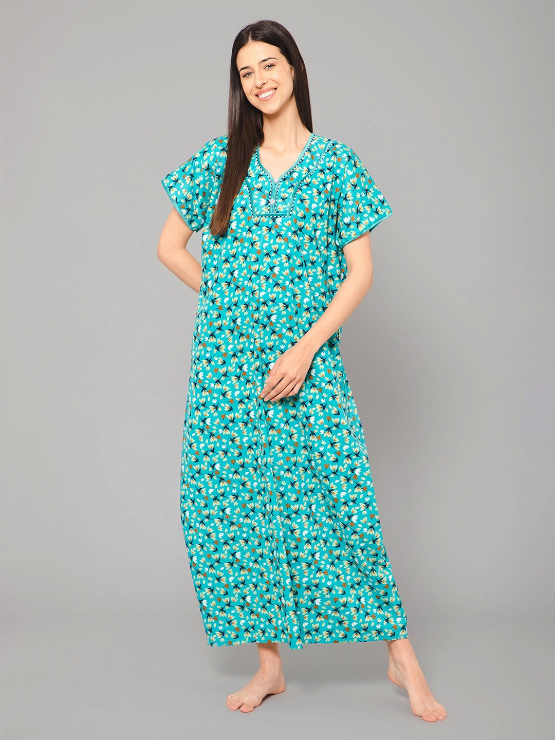 

Winza Designer Floral Printed Pure Cotton Maxi Nightdress, Blue