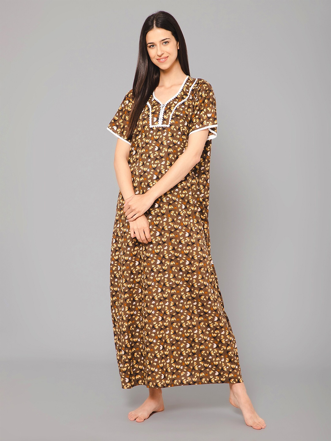 

Winza Designer V-Neck Floral Printed Maxi Pure Cotton Nightdress, Brown