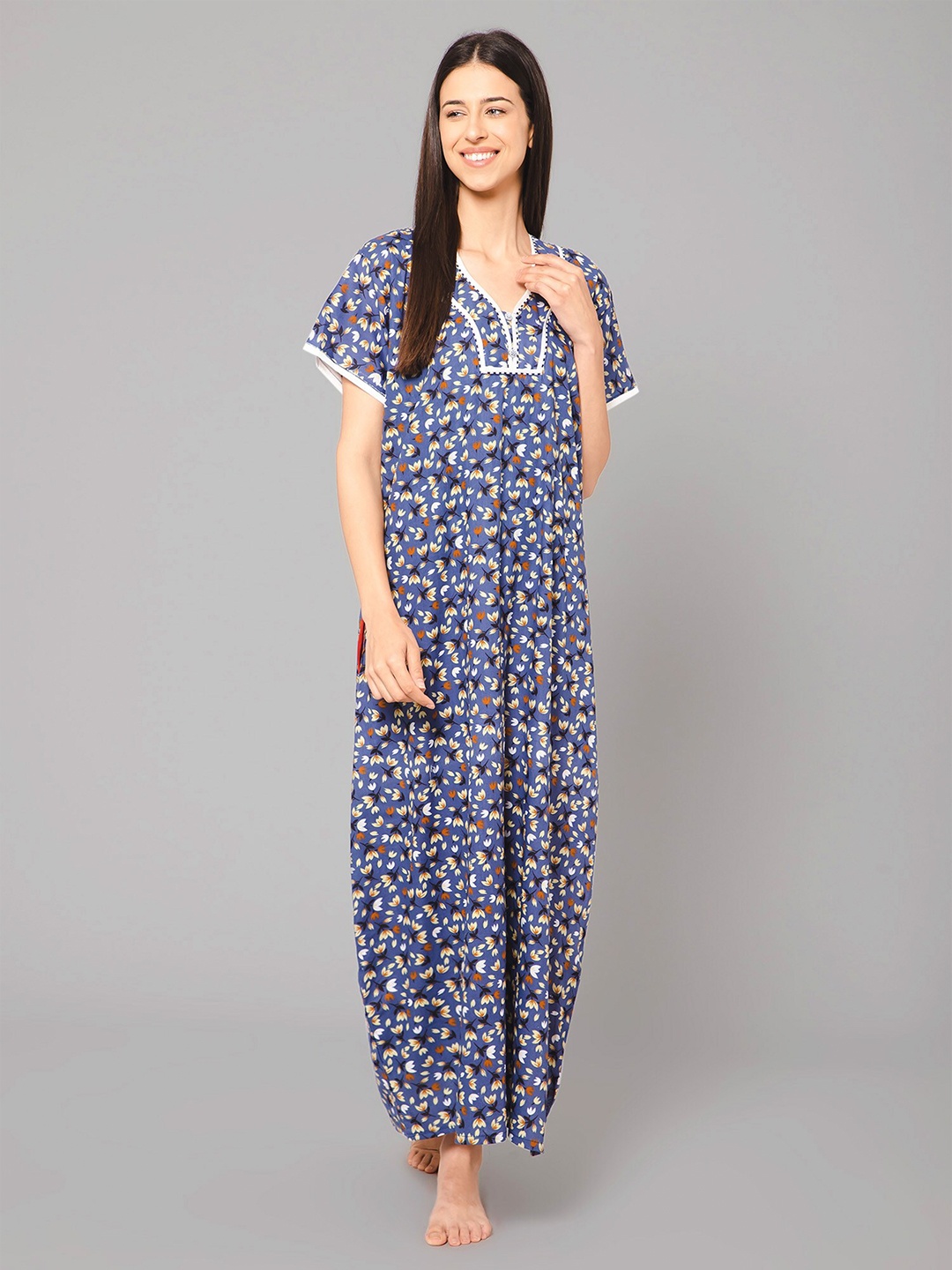 

Winza Designer Floral Printed Pure Cotton Maxi Nightdress, Navy blue