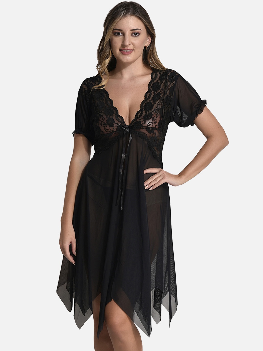 

FIMS Self-Patterned Lace Baby Doll With Lingerie, Black