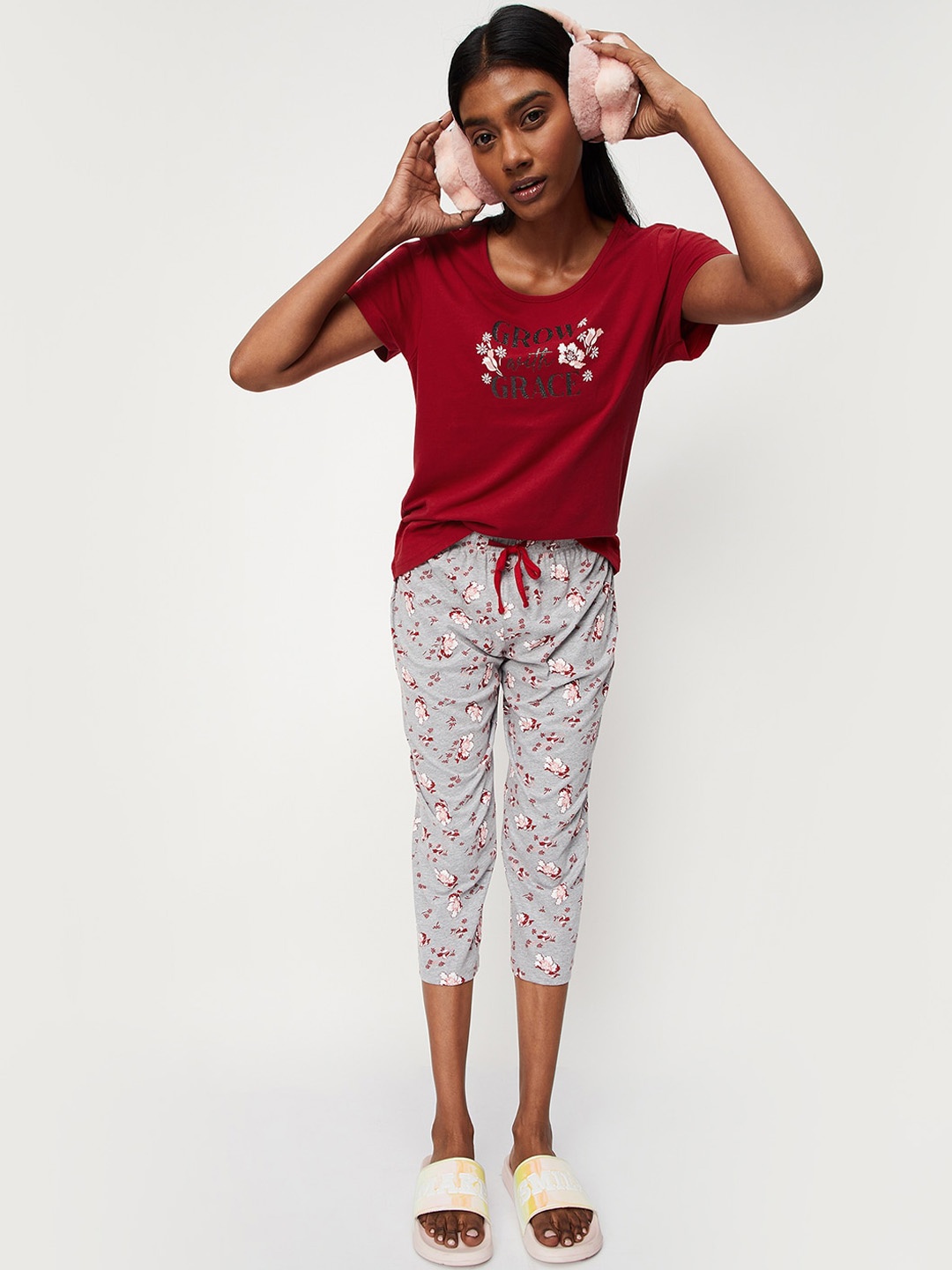 

max Floral Printed Pure Cotton Night Suit, Red