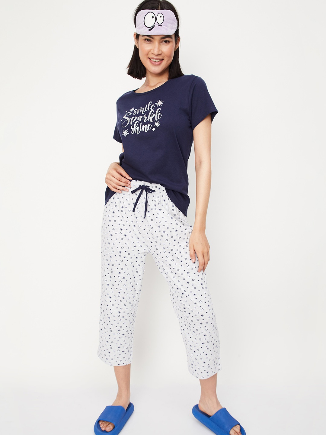 

max Typography Printed Pure Cotton Night Suit, Blue