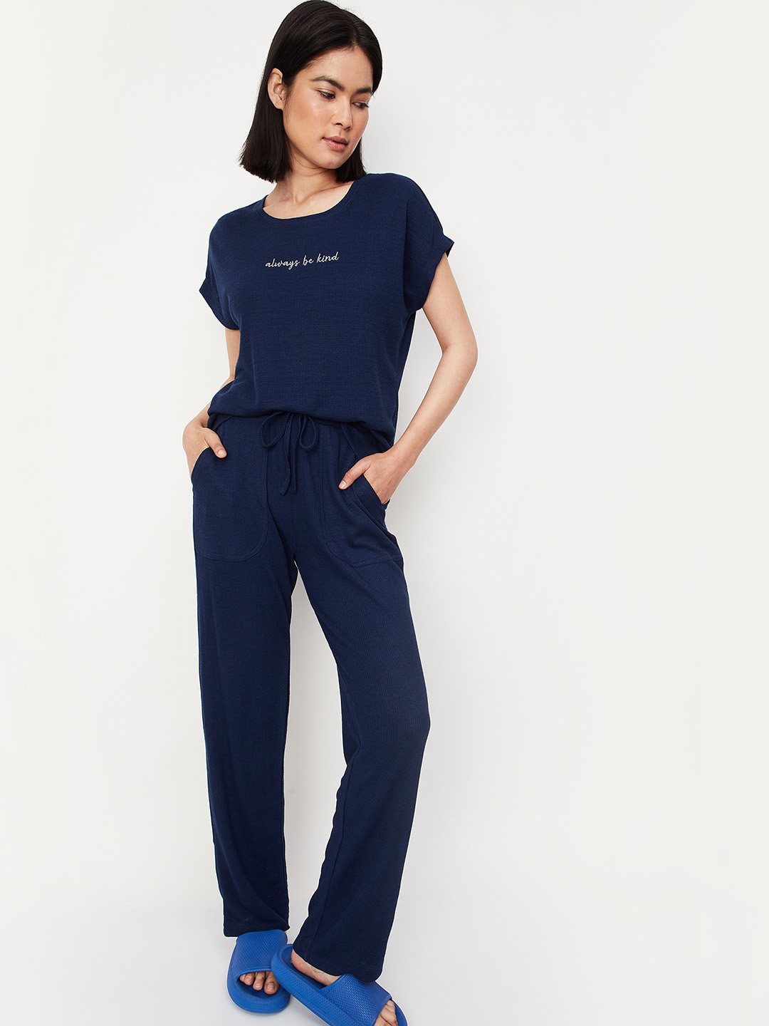 

max Round Neck Typography Printed Pure Cotton Night T-Shirt And Trousers, Blue