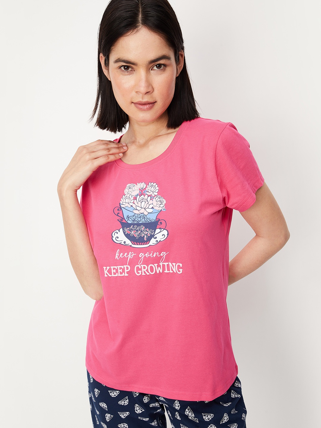 

max Round Neck Graphic Printed Pure Cotton Night T-Shirt & Trousers, Pink