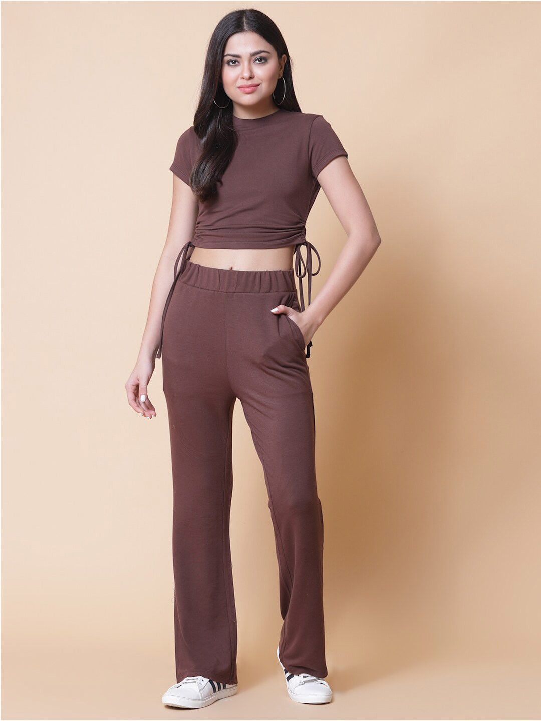 

Strong And Brave Round Neck Tie Ups Regular Fit Crop Top with Trousers, Brown