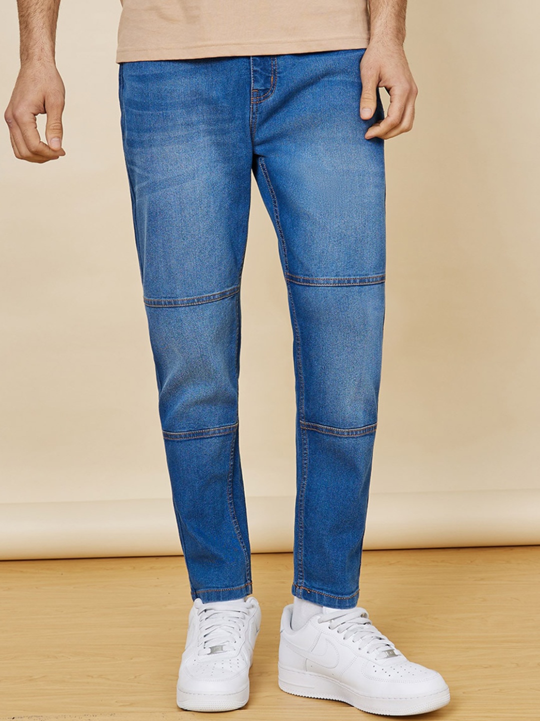 

Styli Men Crop Length Mid Washed Denim Jeans with Panel Stitch Detail, Blue