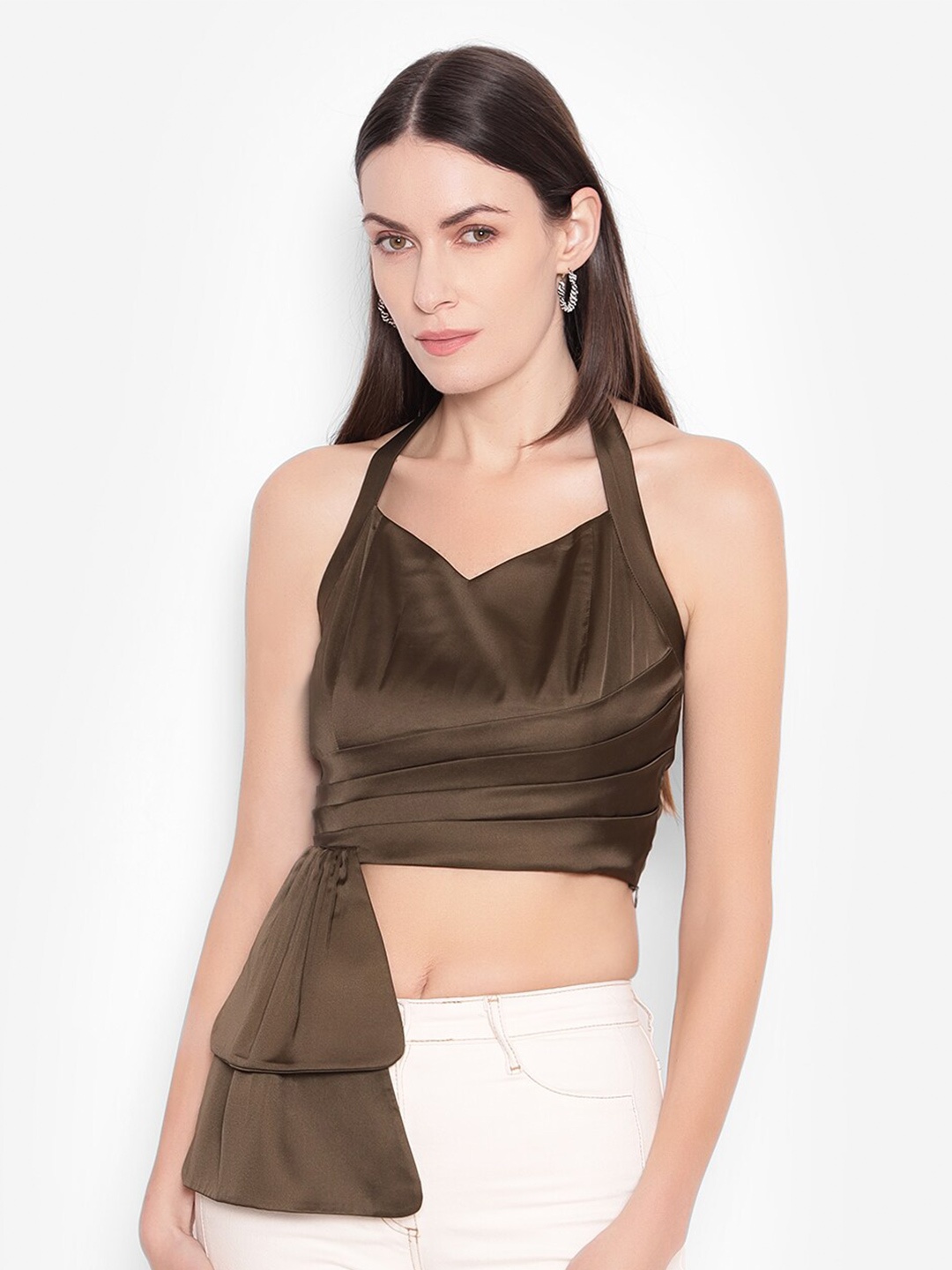 

SHABERRY High Neck Styled Back Pleated Crepe Top, Olive