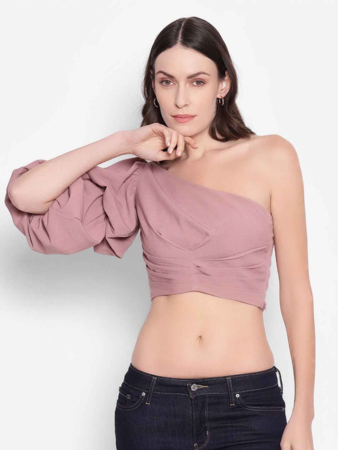 

SHABERRY One Shoulder Puff Sleeves Crepe Fitted Crop Top, Pink