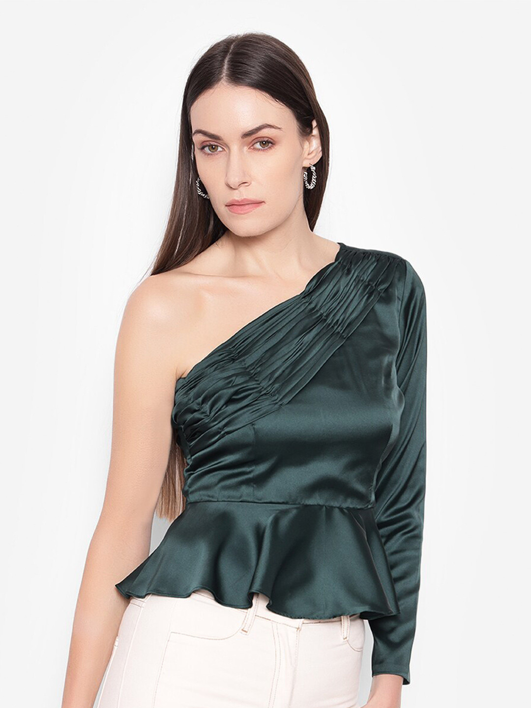 

SHABERRY Green One Shoulder Crepe Wrap Top