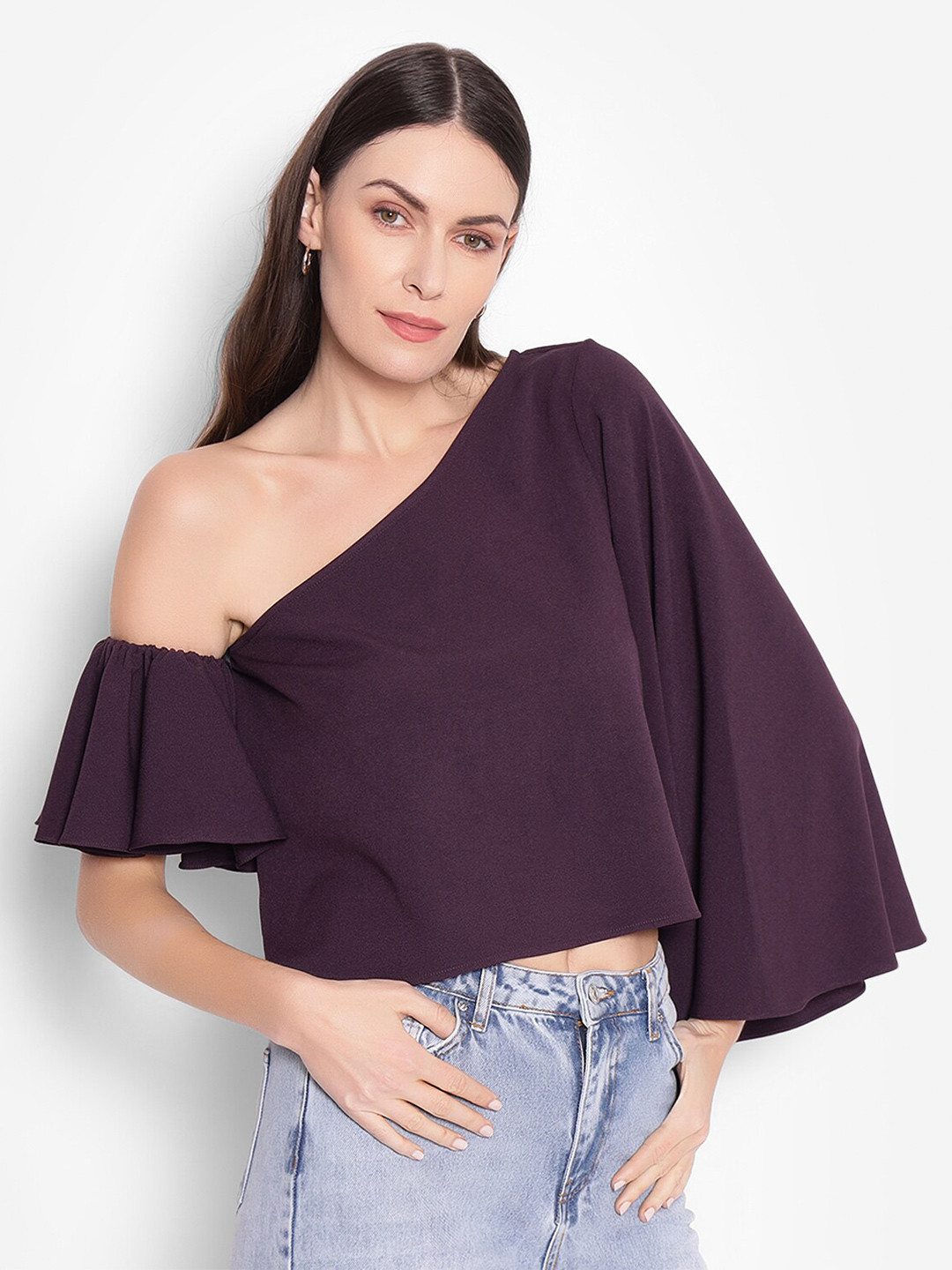 

SHABERRY One Shoulder Flared Sleeves Top, Purple