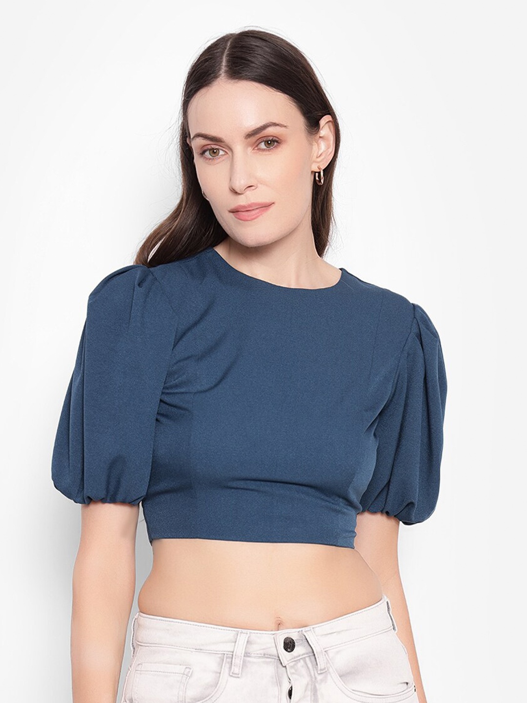 

SHABERRY Puff Sleeves Styled Back Crepe Crop Top, Turquoise blue