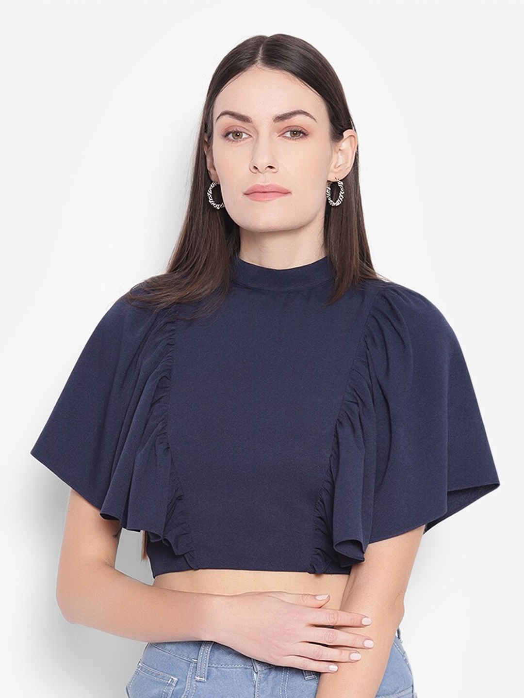 

SHABERRY High Neck Flared Sleeves Crop Top, Navy blue