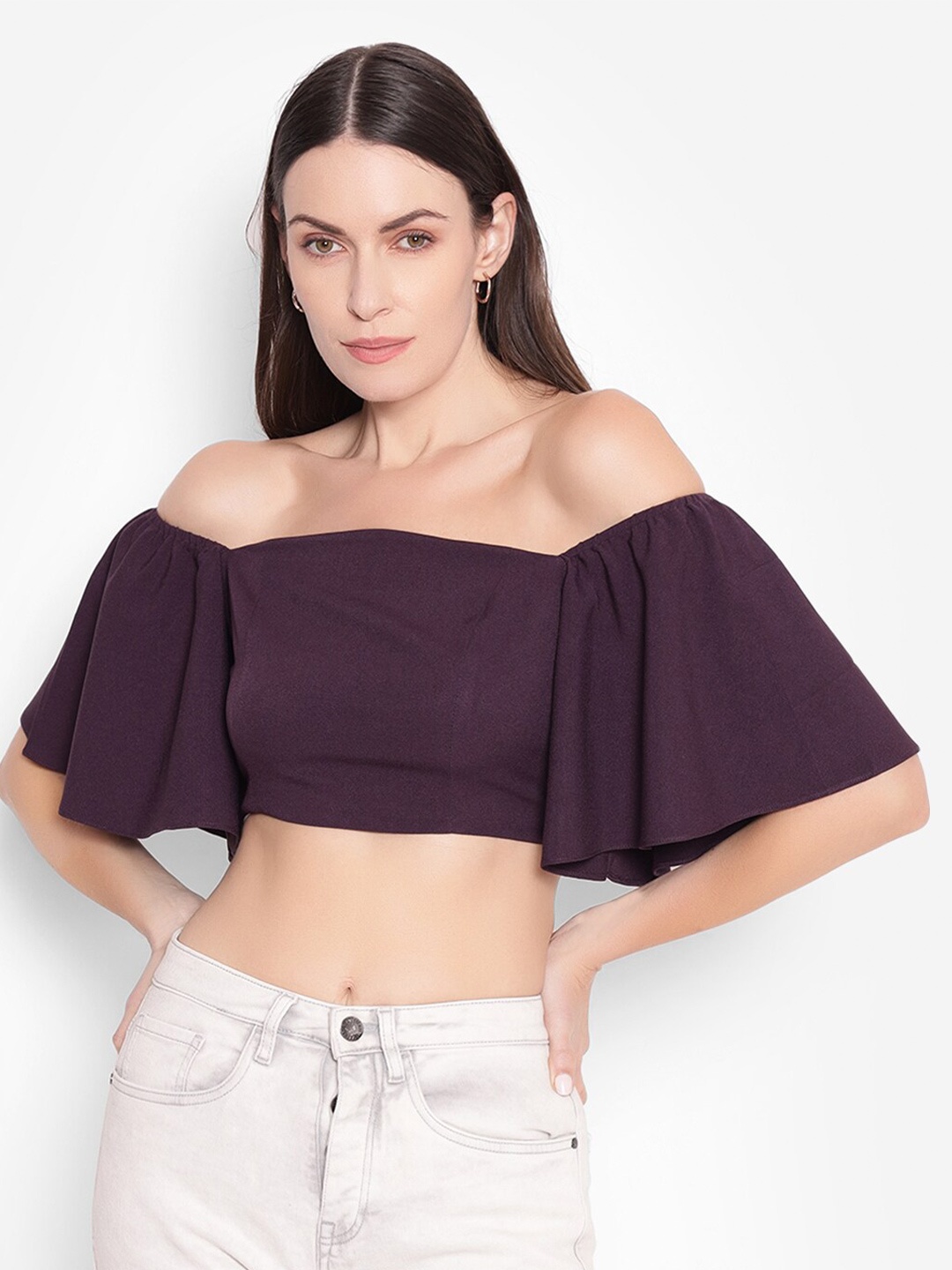 

SHABERRY Off-Shoulder Crepe Bardot Crop Top, Purple