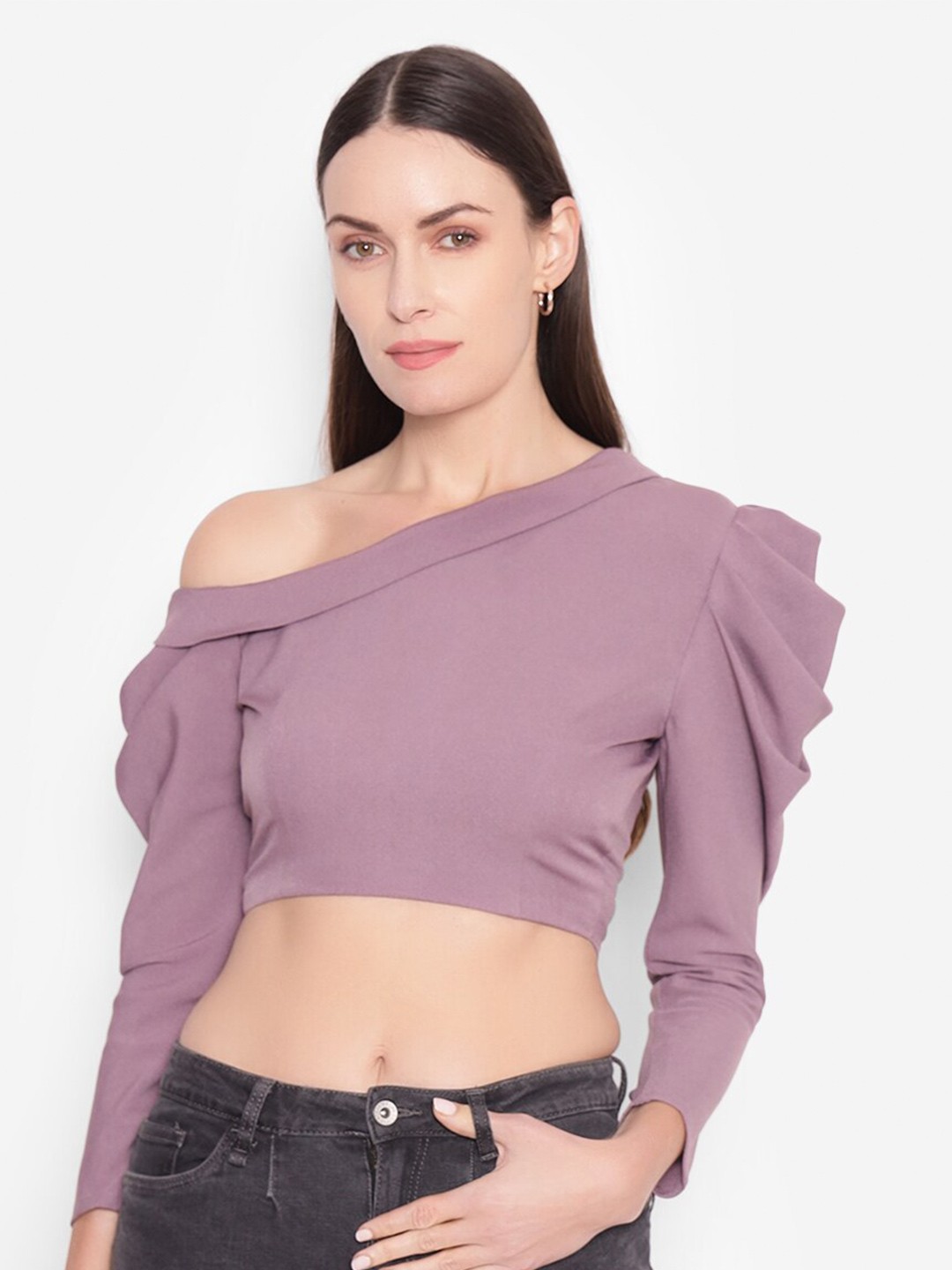 

SHABERRY Puff Sleeves One Shoulder Crop Top, Mauve