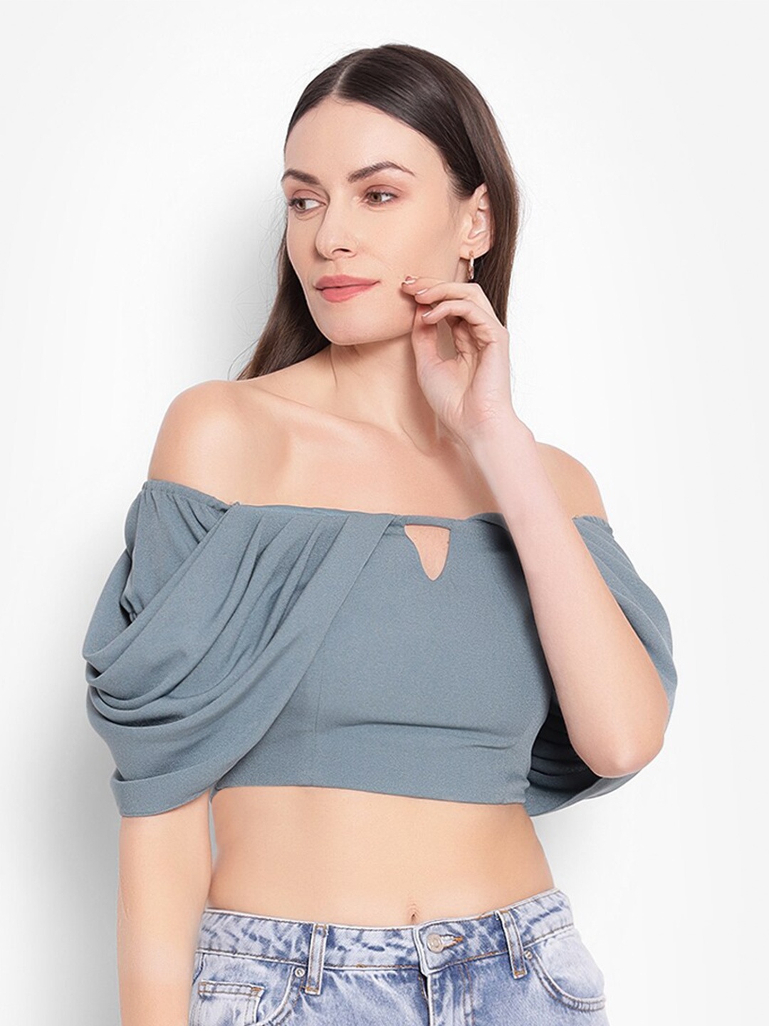 

SHABERRY Off-Shoulder Fitted Crop Top, Blue