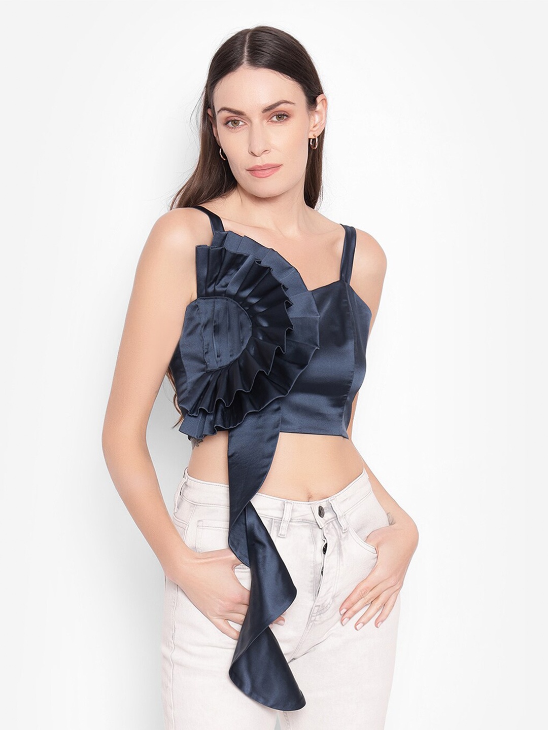 

SHABERRY Pleated Or Gathered Shoulder Straps Crop Top, Blue