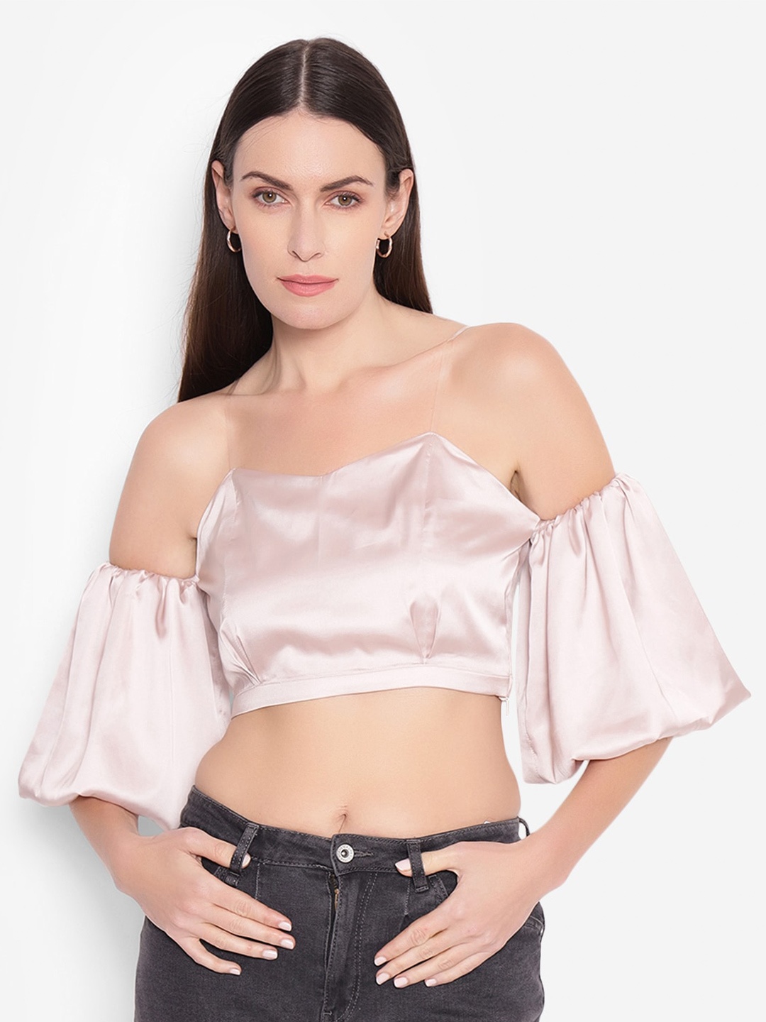 

SHABERRY Flared Sleeves Crepe Crop Top, Rose gold