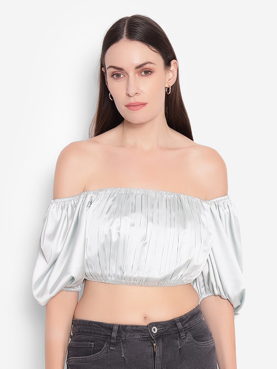 

SHABERRY Off-Shoulder Crepe Bardot Crop Top, Grey