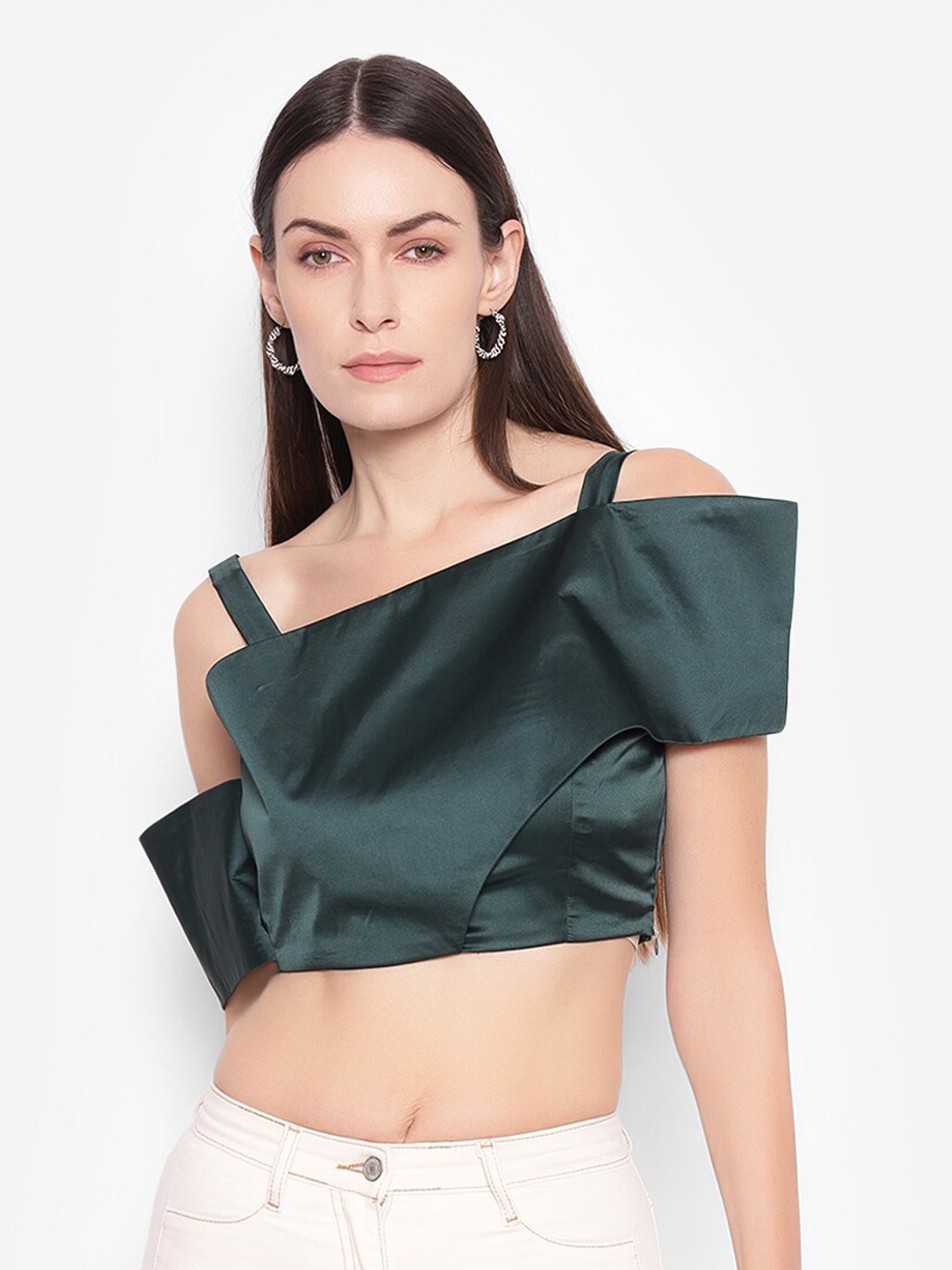 

SHABERRY Green Crepe Styled Back Crop Top