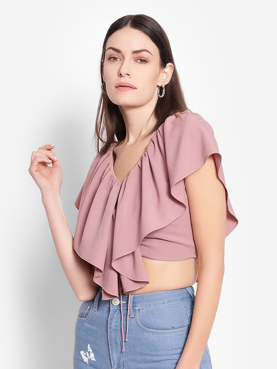 

SHABERRY V-Neck Ruffles Bardot Crop Top, Pink