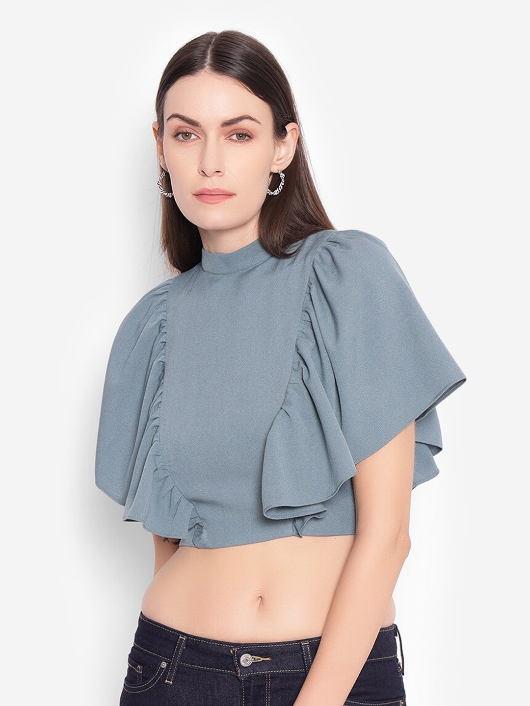 

SHABERRY Round Neck Flare Wings Sleeves Cut Out Crepe Crop Top, Blue