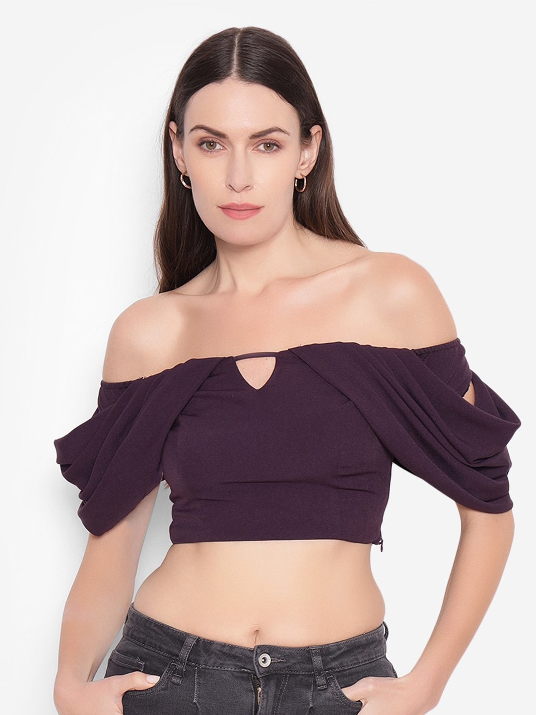 

SHABERRY Off-Shoulder Pleated Sleeves Crepe Bardot Crop Top, Purple