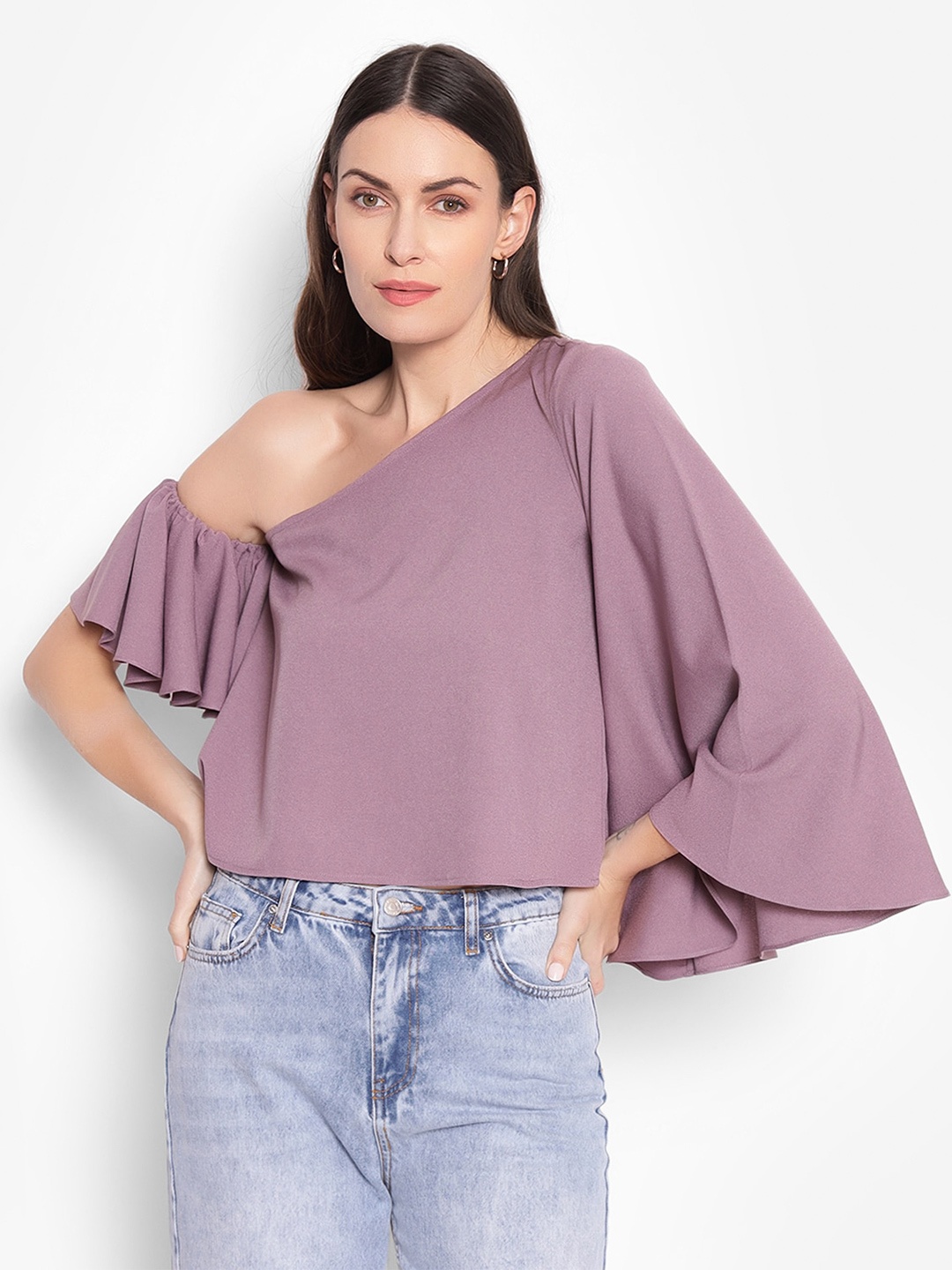 

SHABERRY Mauve One Shoulder Crepe Cape Top