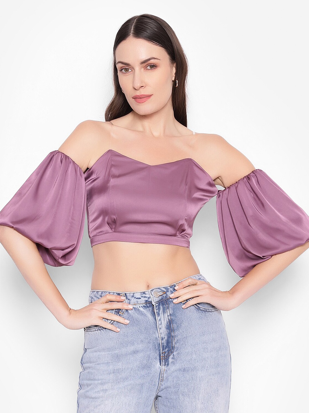 

SHABERRY Shoulder Strap Puff Sleeves Crepe Crop Top, Mauve