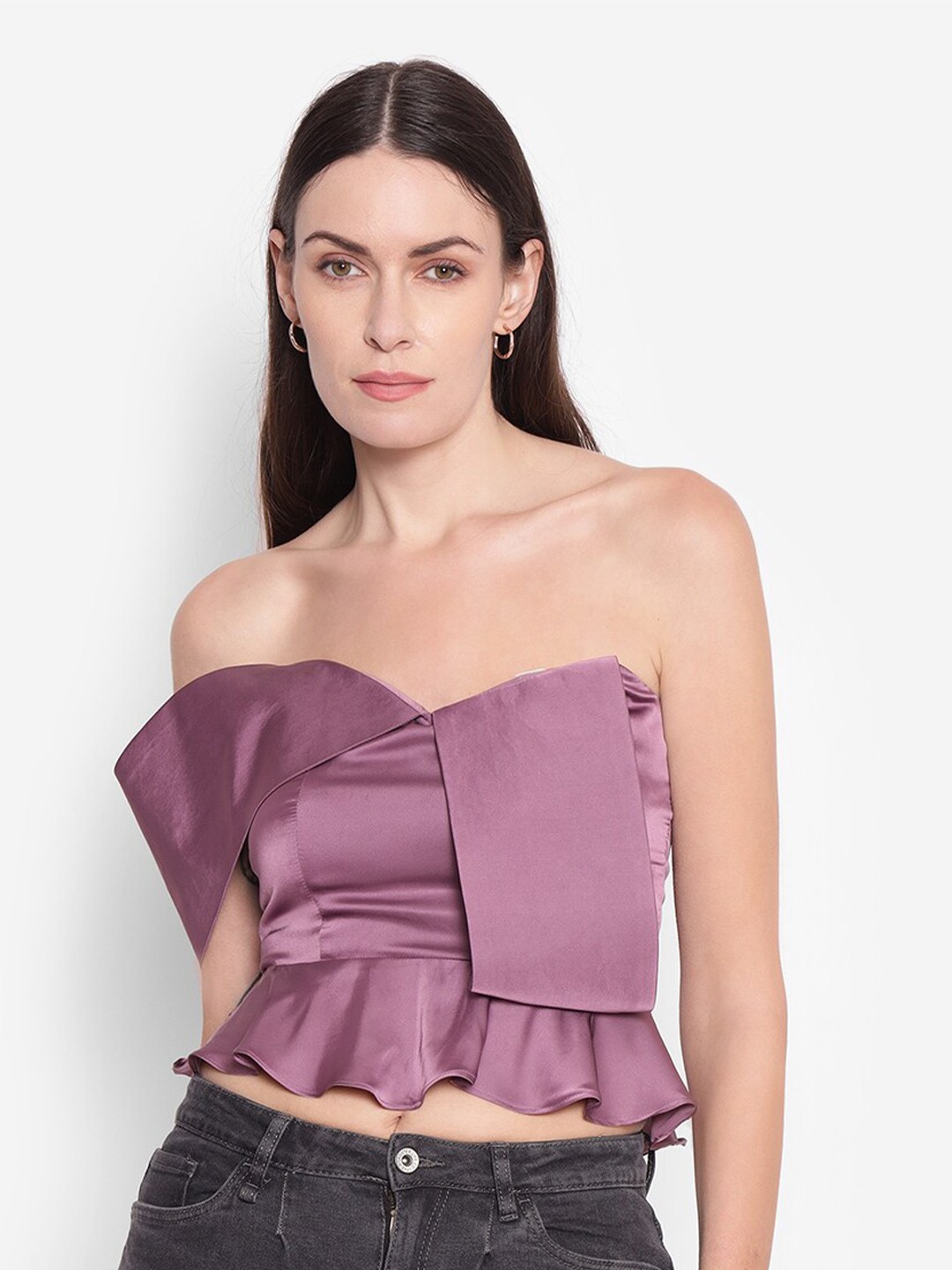 

SHABERRY Off Shoulder Satin Tube Crop Top, Mauve
