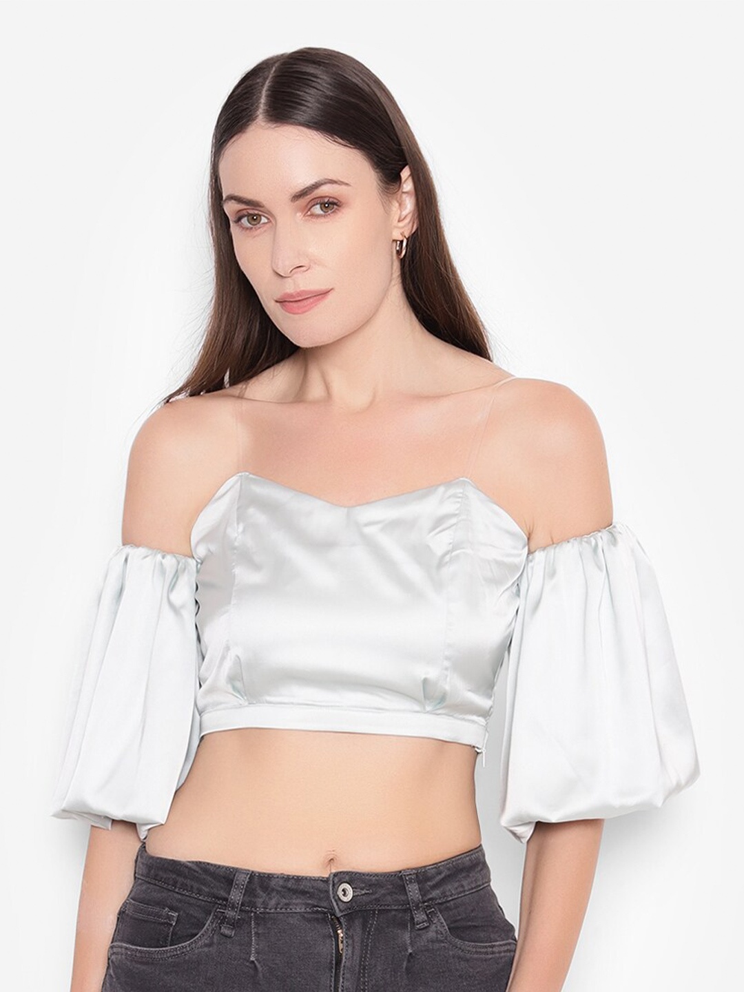 

SHABERRY Shoulder Straps Crepe Bardot Crop Top, White