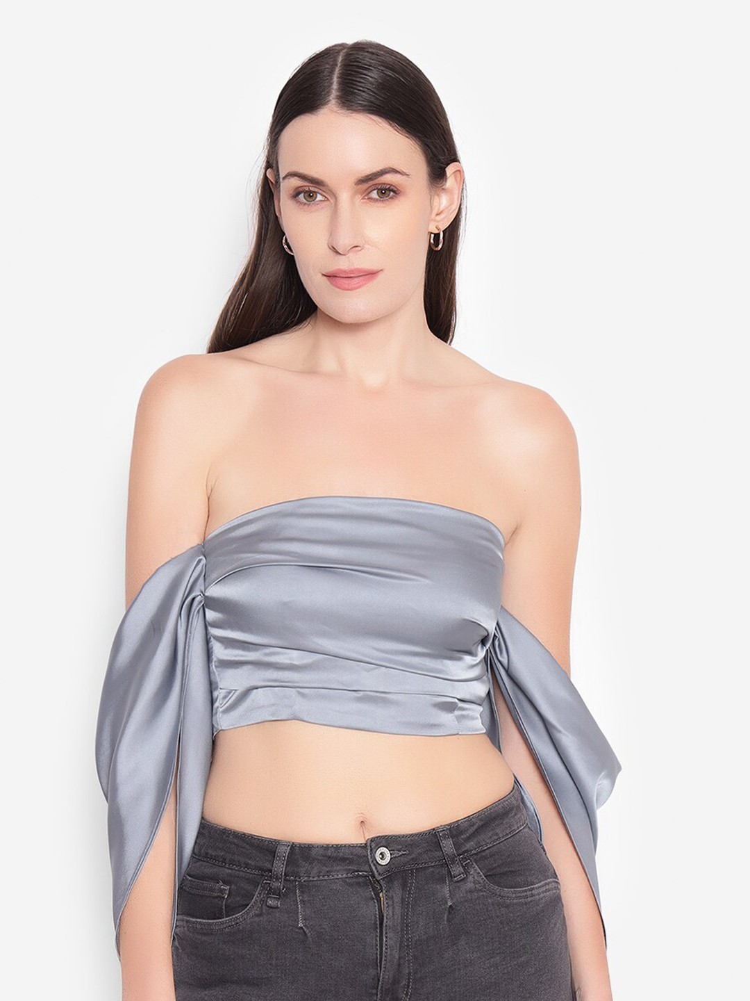 

SHABERRY Off Shoulder Tube Crop Top, Silver
