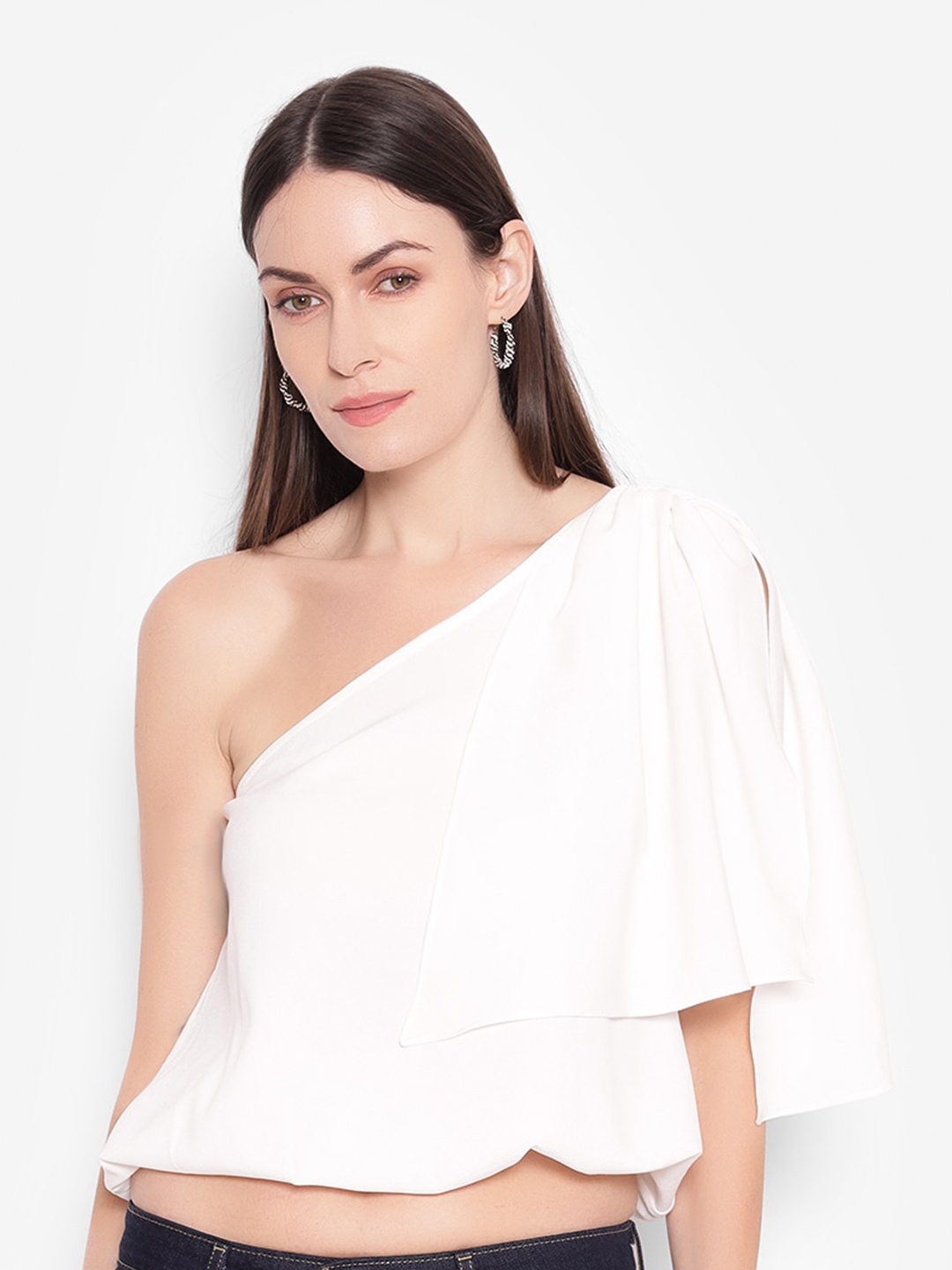 

SHABERRY White One Shoulder Crepe Crop Top