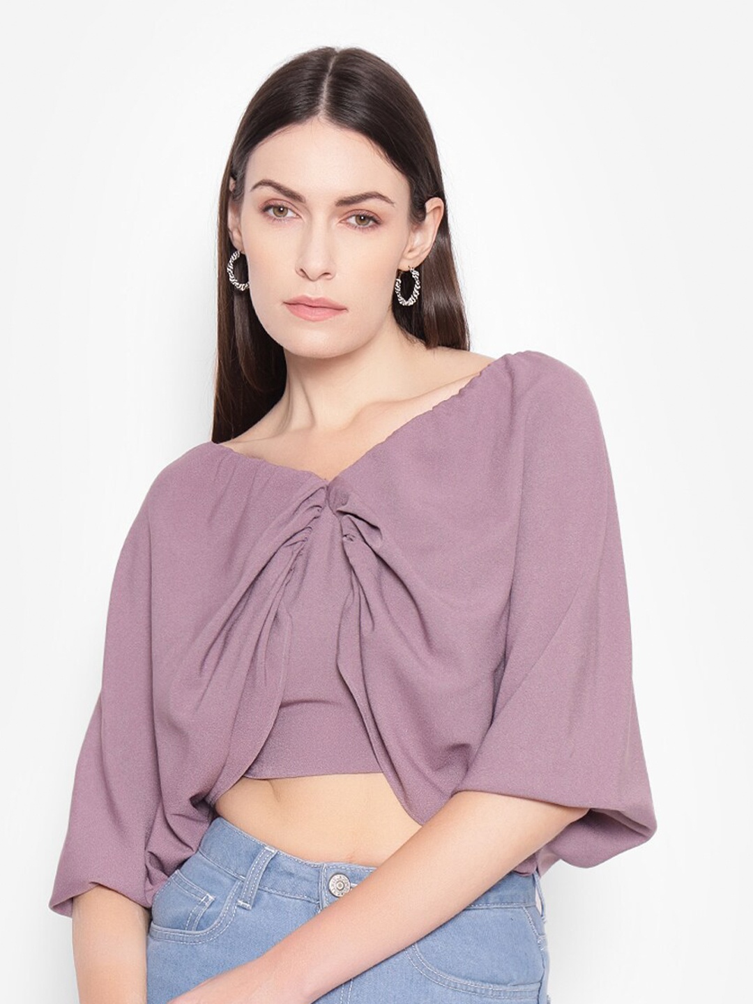 

SHABERRY Mauve Extended Sleeves Crepe Wrap Top