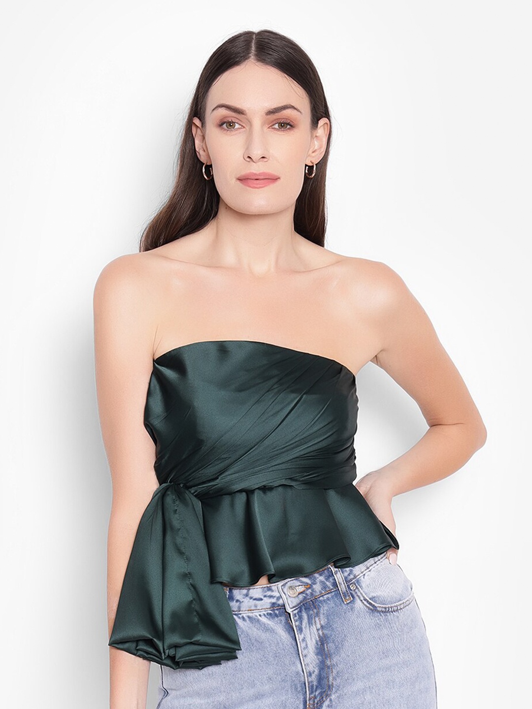 

SHABERRY Solid Strapless Twisted Ruffles Satin Tube Top, Green