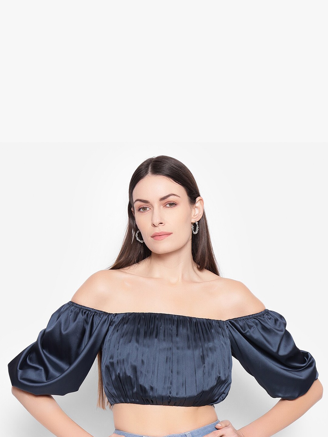 

SHABERRY Blue Crepe Blouson Top