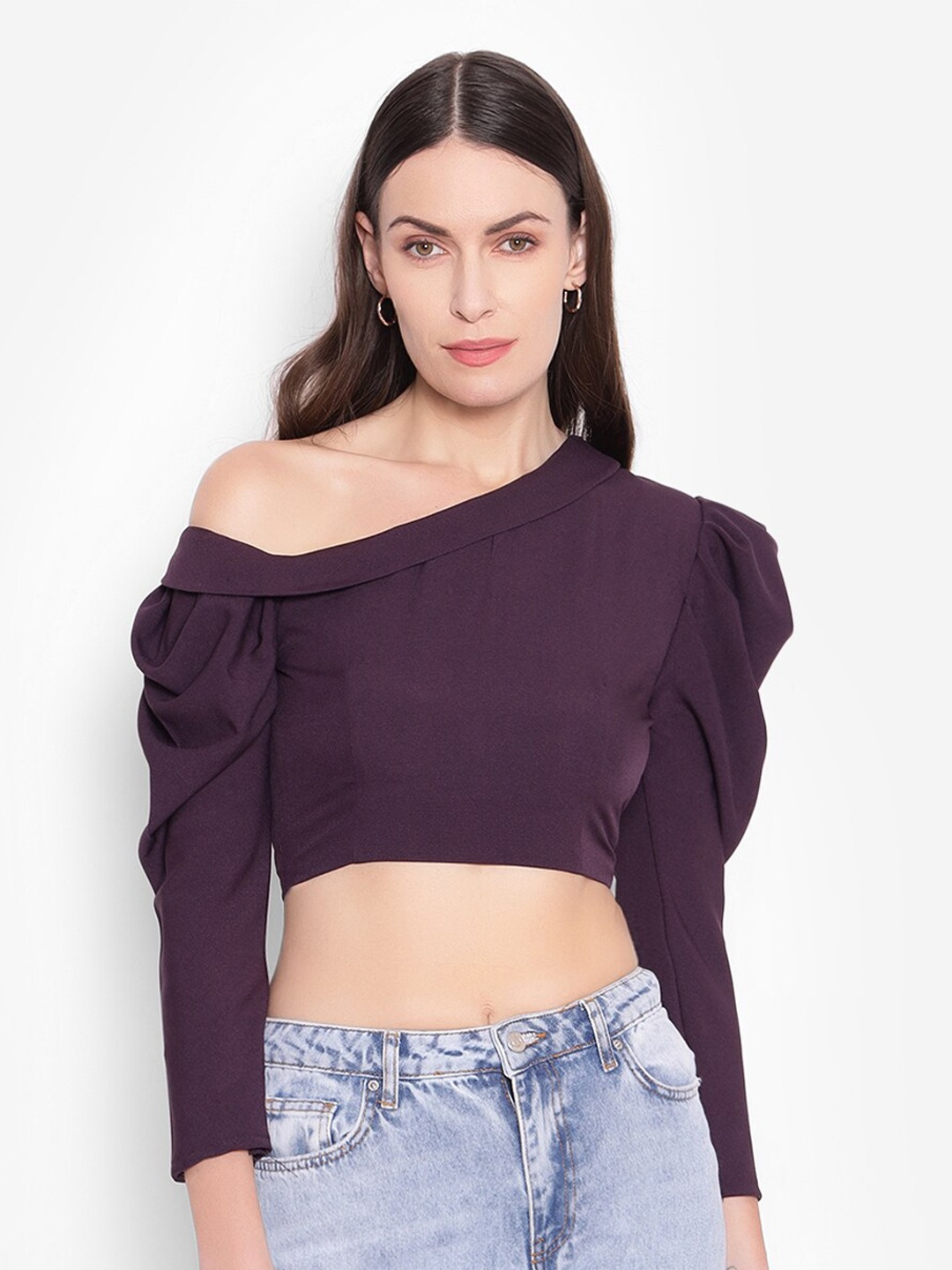 

SHABERRY Puff Sleeves Styled Back Crop Top, Purple