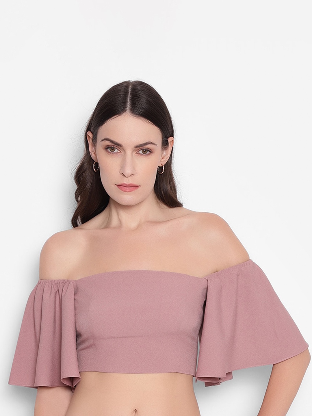 

SHABERRY Off-Shoulder Flared Sleeves Crepe Bardot Crop Top, Pink