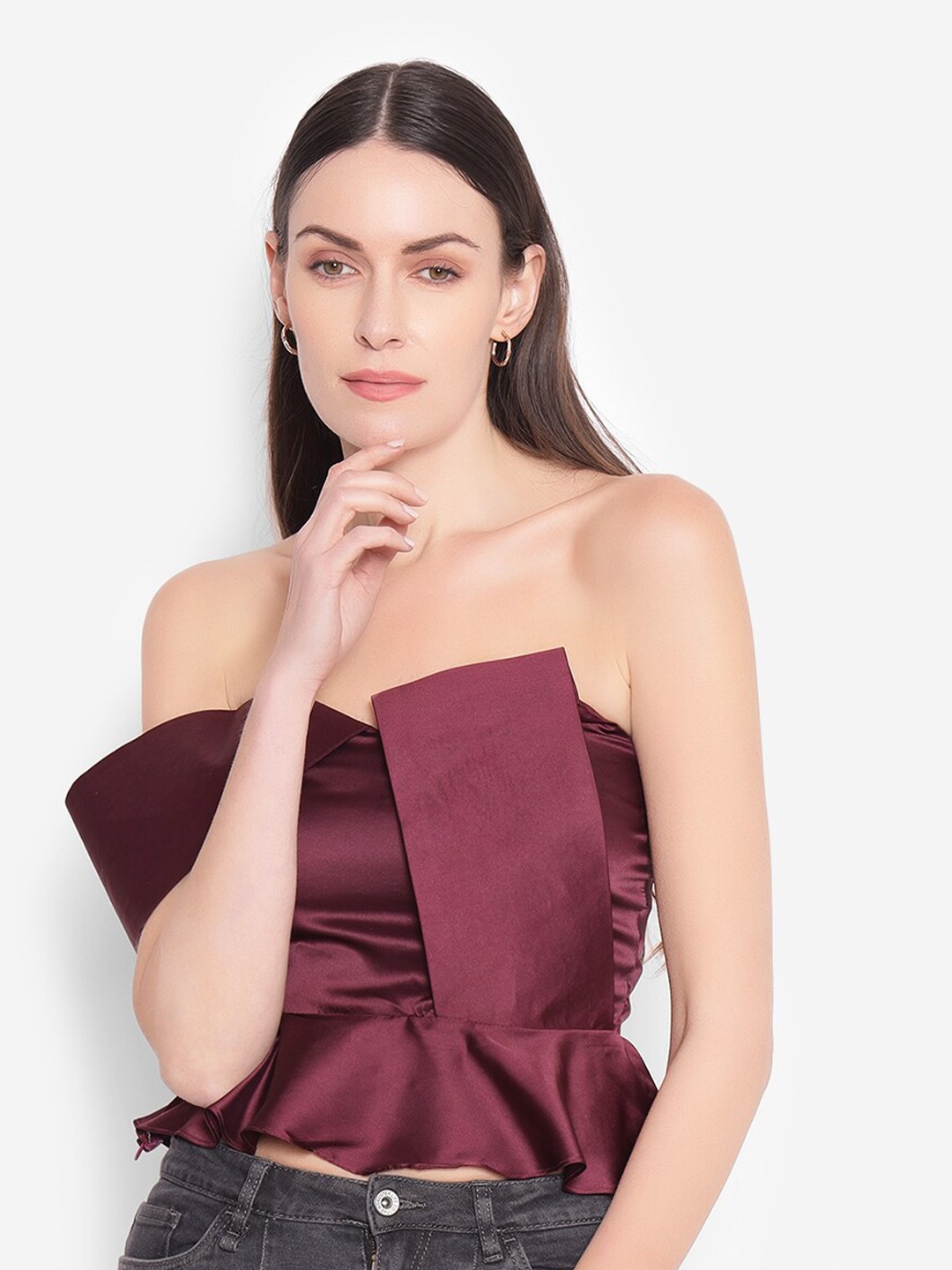 

SHABERRY Off Shoulder Ruffles Tube Top, Maroon