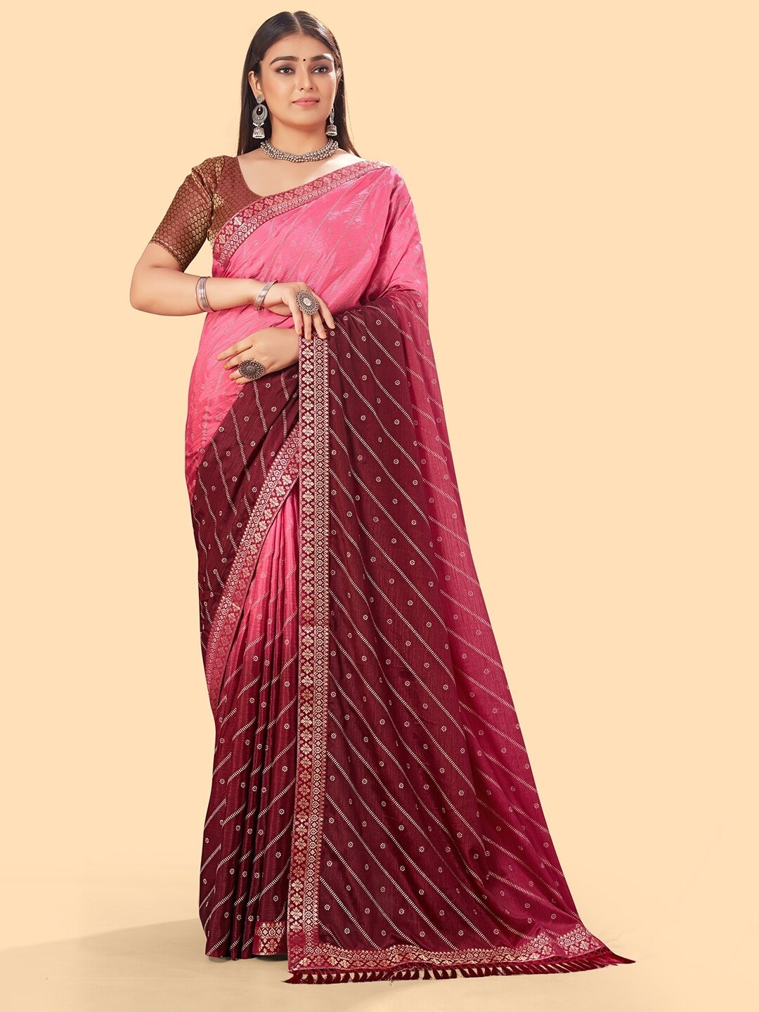 

KALINI Maroon & Pink Embellished Embroidered Leheriya Saree
