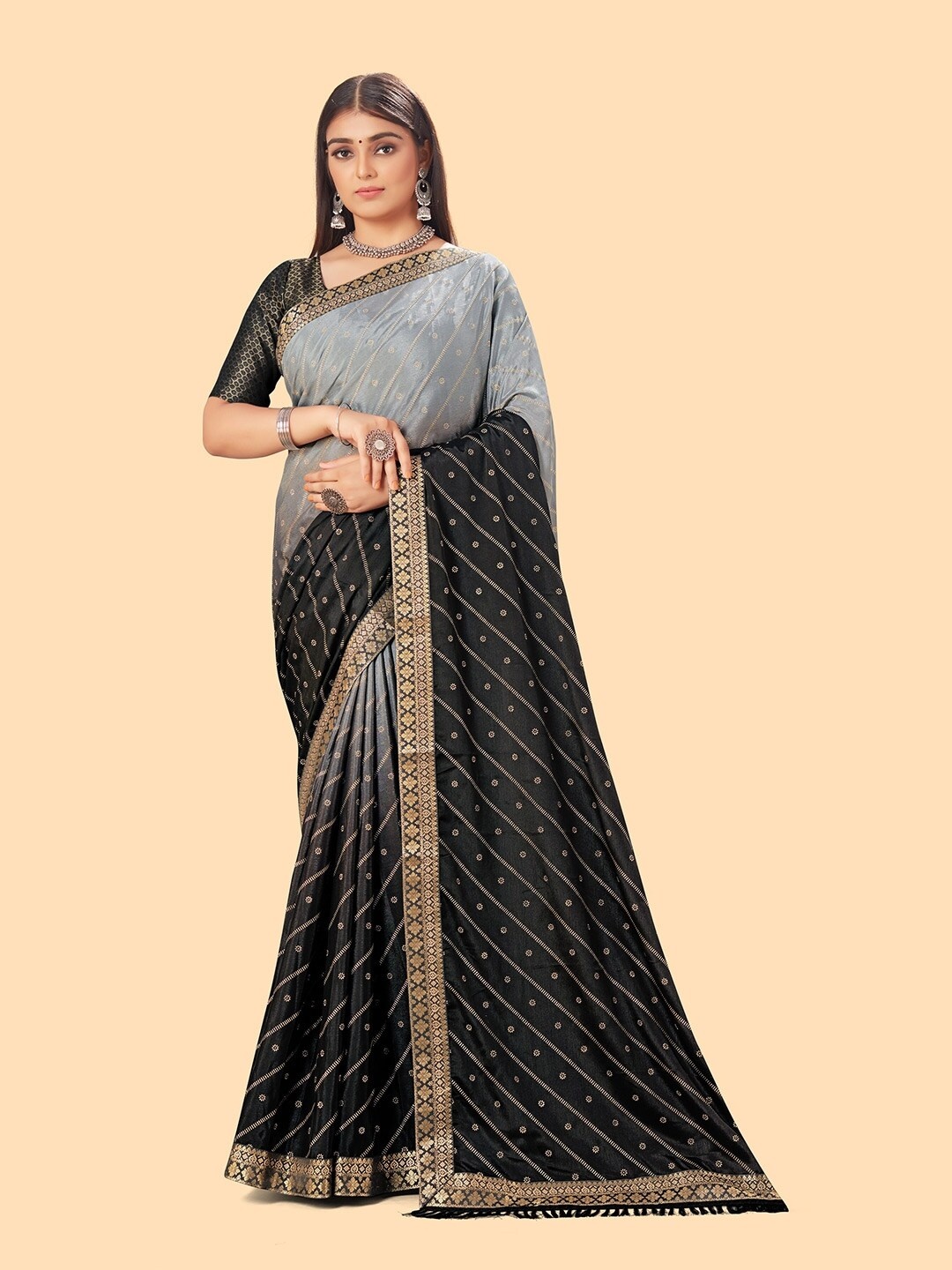 

KALINI Black & Grey Embellished Embroidered Leheriya Saree