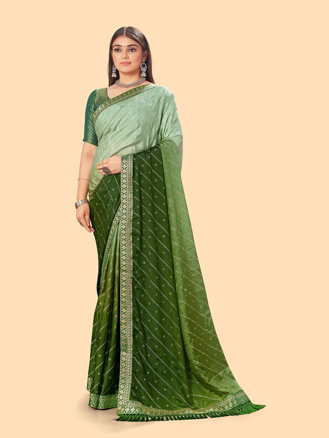 

KALINI Green & Gold-Toned Embellished Zari Leheriya Saree
