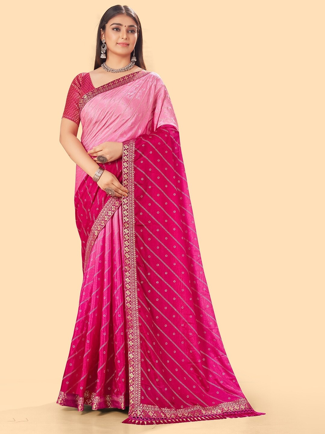 

KALINI Pink & Gold-Toned Embellished Zari Leheriya Saree