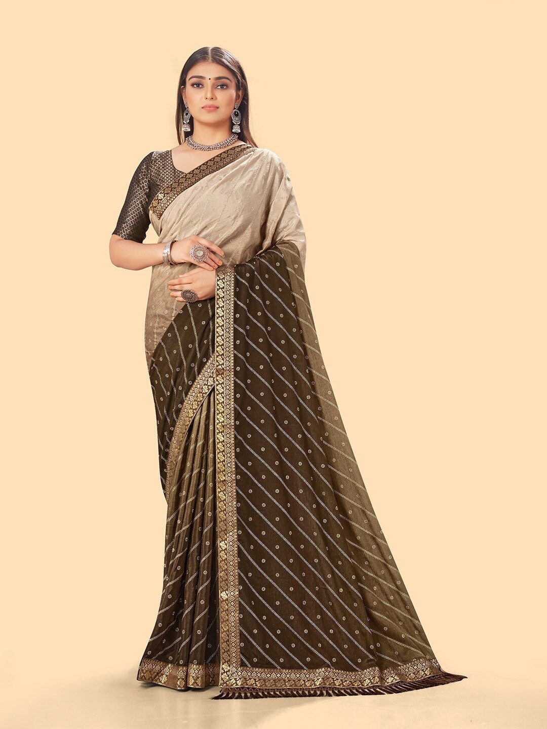 

KALINI Brown & Gold-Toned Embellished Zari Leheriya Saree
