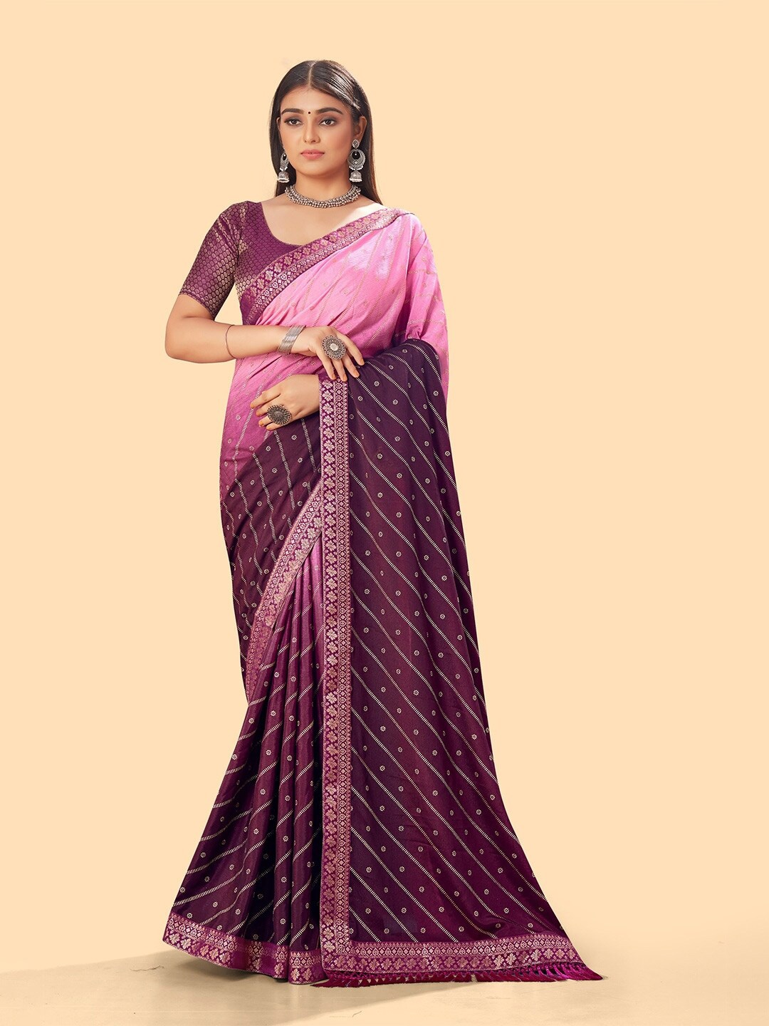 

KALINI Purple & Gold-Toned Embellished Zari Leheriya Saree