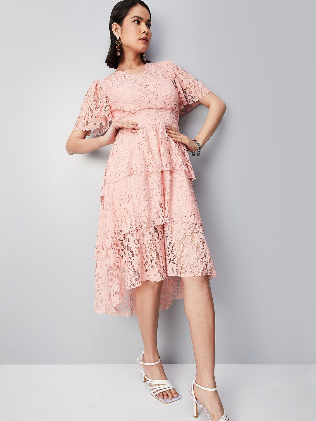 

max V-Neck Flared Sleeves High-Low Dress, Pink