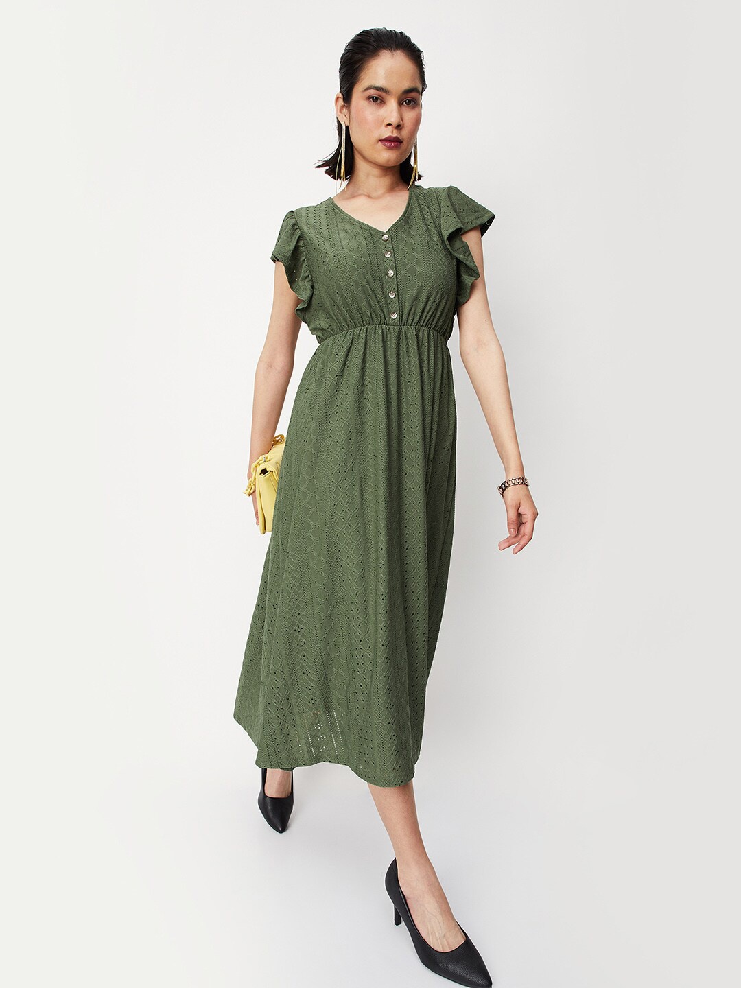 

max Embroidered Schiffli Flutter Sleeves Fit & Flare Midi Dress, Gold